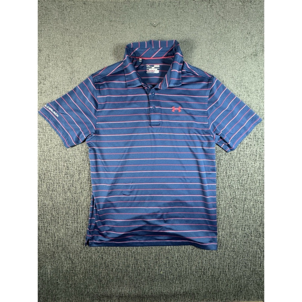Under Armour Polo Shirt Men's M Blue Pink Red Stripe Golf Performance Coldblack